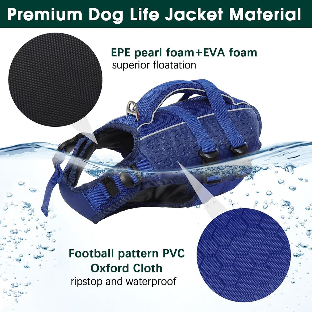 Kuoser Dog Life Jacket, High Flotation Reflective Dog Life Vest, Navy, M