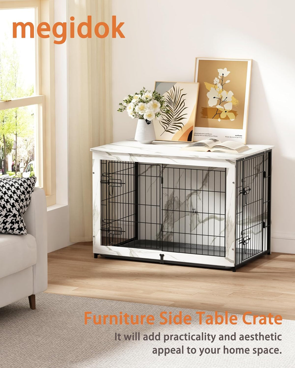Megidok Wooden Dog Crate Furniture with Cushion,Large Dog Crate End Table with Tray, Double Doors Kennels Indoor (37" L*25" W*26" H, Marble White)