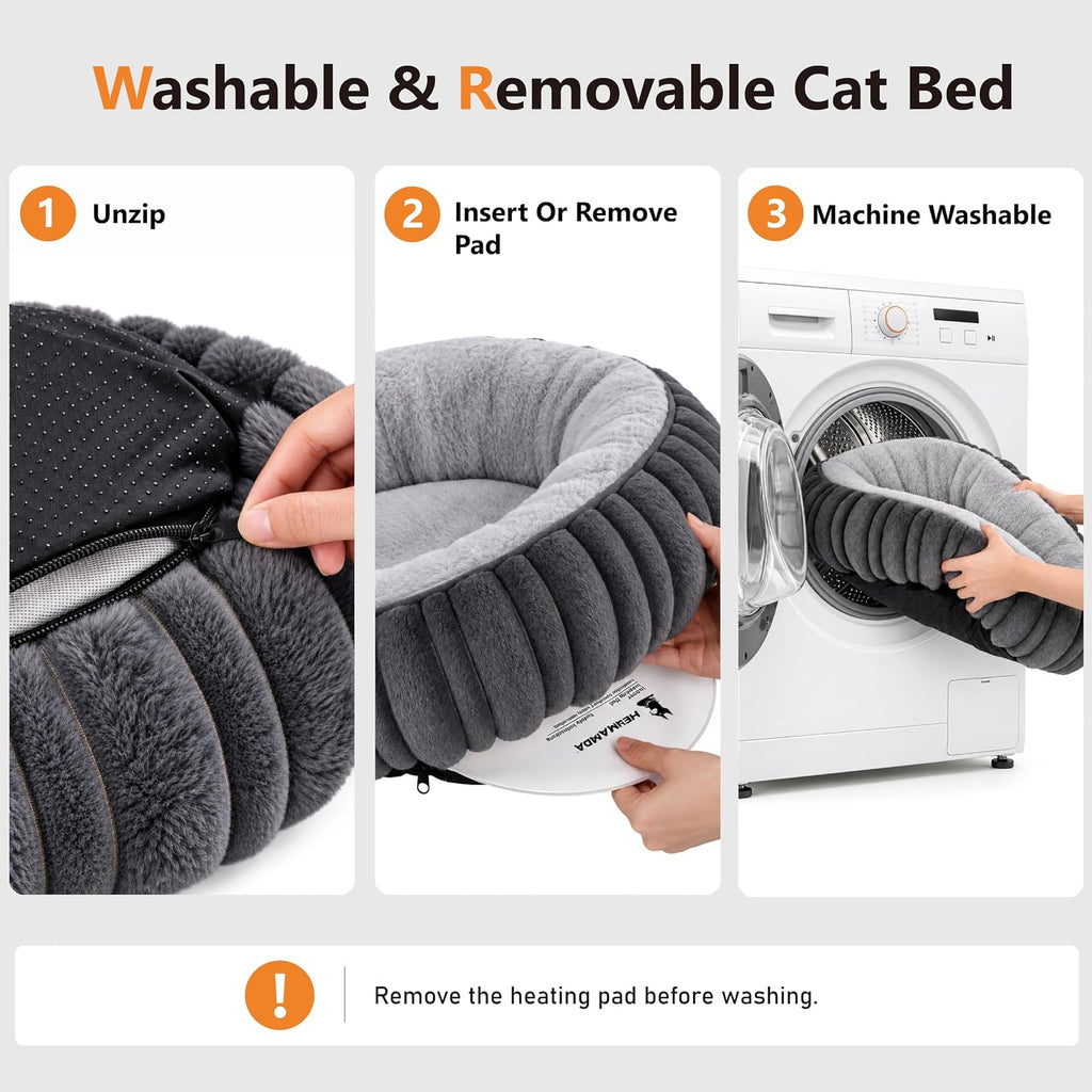 Heated Cat Bed for Indoor Cats - 20" Machine Washable Heated Pet Bed, Gray