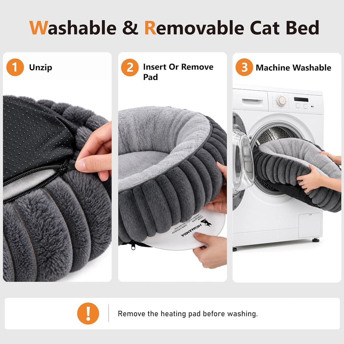 Heated Cat Bed for Indoor Cats - 20" Machine Washable Heated Pet Bed, Gray