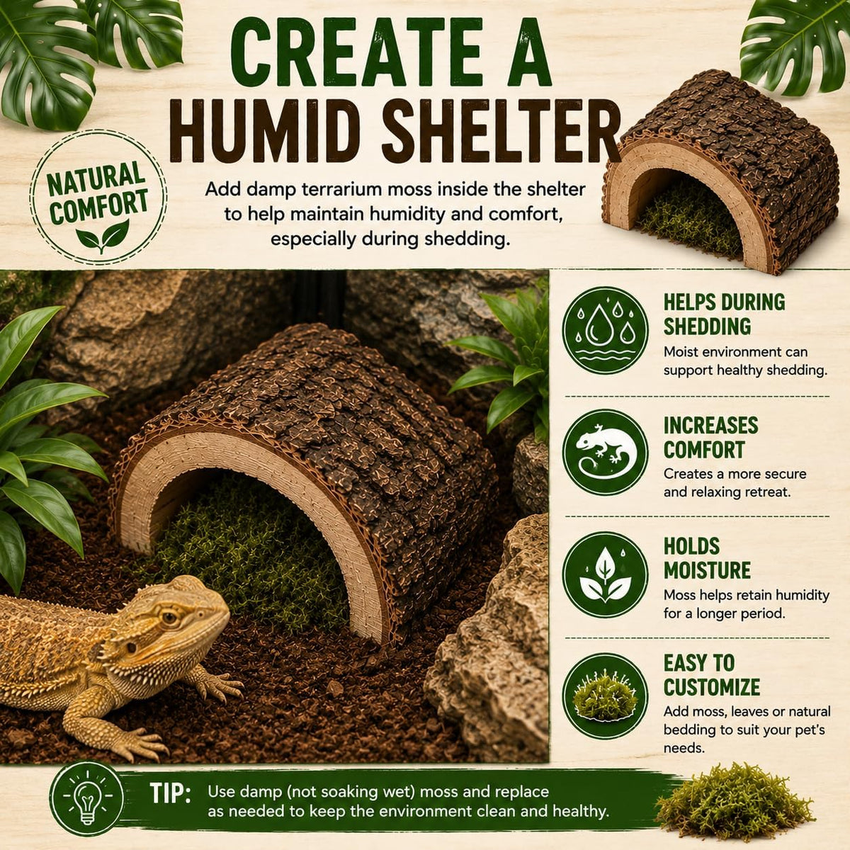 MAC’S Large Reptile Corner Half Log Shelter – Natural Wood Terrarium Cave for Lizards, Snakes, Frogs, Tortoises, Amphibians & Small Animals – Made in USA