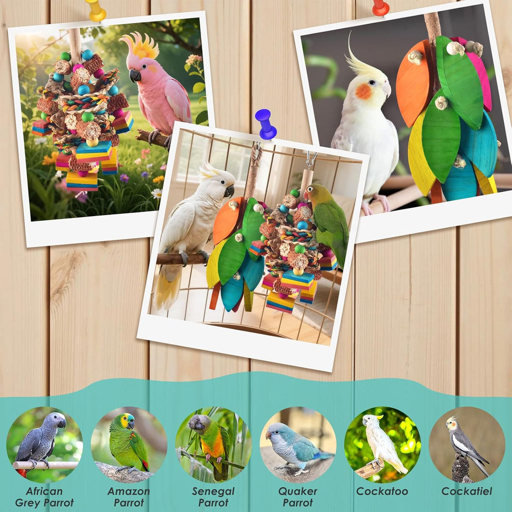 DBNESS 2 Pcs Large Bird Toys, Natural Corn Cob Parrot Chew Toy, Multicolored Leaf-Shaped Chewing Wood Blocks for Large and Medium-Sized Macaws, Cockatoos, Amazon Parrots, African Grey