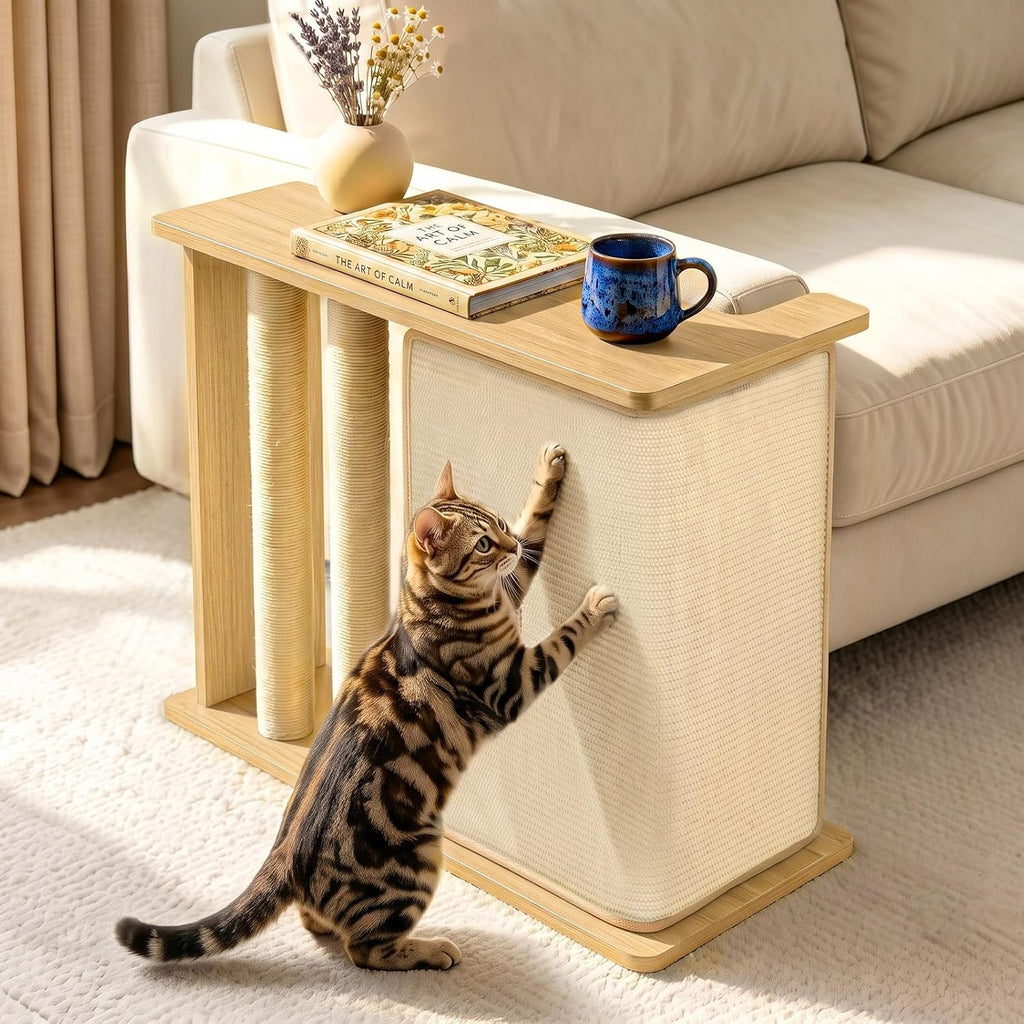 Cat Corner Side Table Scratcher, 3-in-1 Sofa Protector from Cat Claws with Scratching Post – Sturdy Wood Frame, Replaceable Sisal Pad, Fits Left/Right Sofa Arm, Odor-Free & Durable, Oak 23.5"H