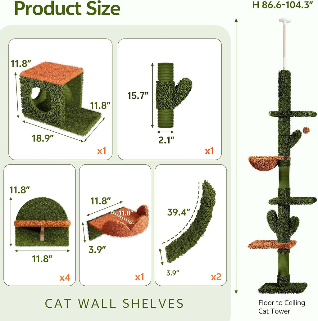 Cactus Floor-to-Ceiling Cat Tree, Adjustable Height (87-104 inch)
