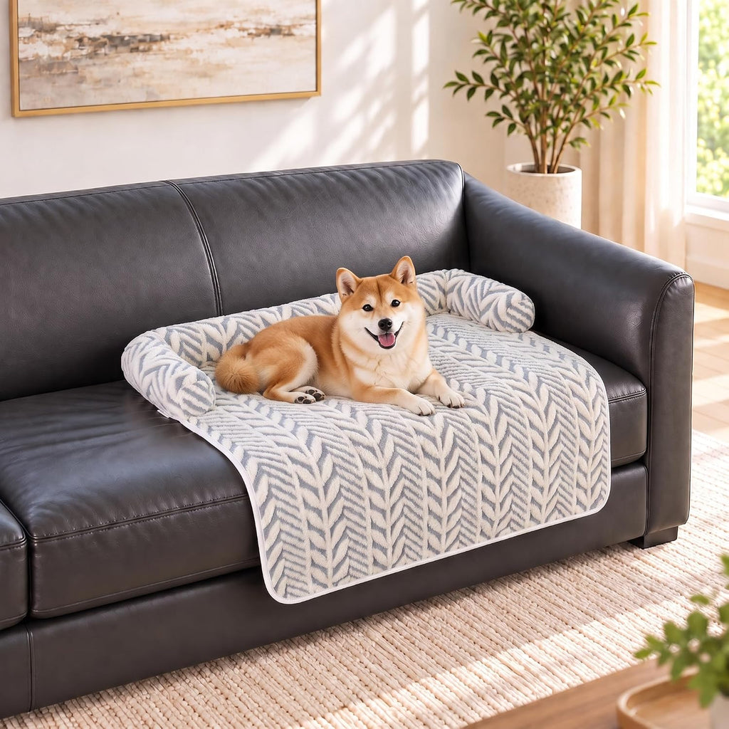 Calming Dog Couch Bed Mats with Neck and Head Support, Fluffy Plush Pet Sofa Cover for Small Medium Dogs and Cats, Non-Slip Bottom, Machine Washable