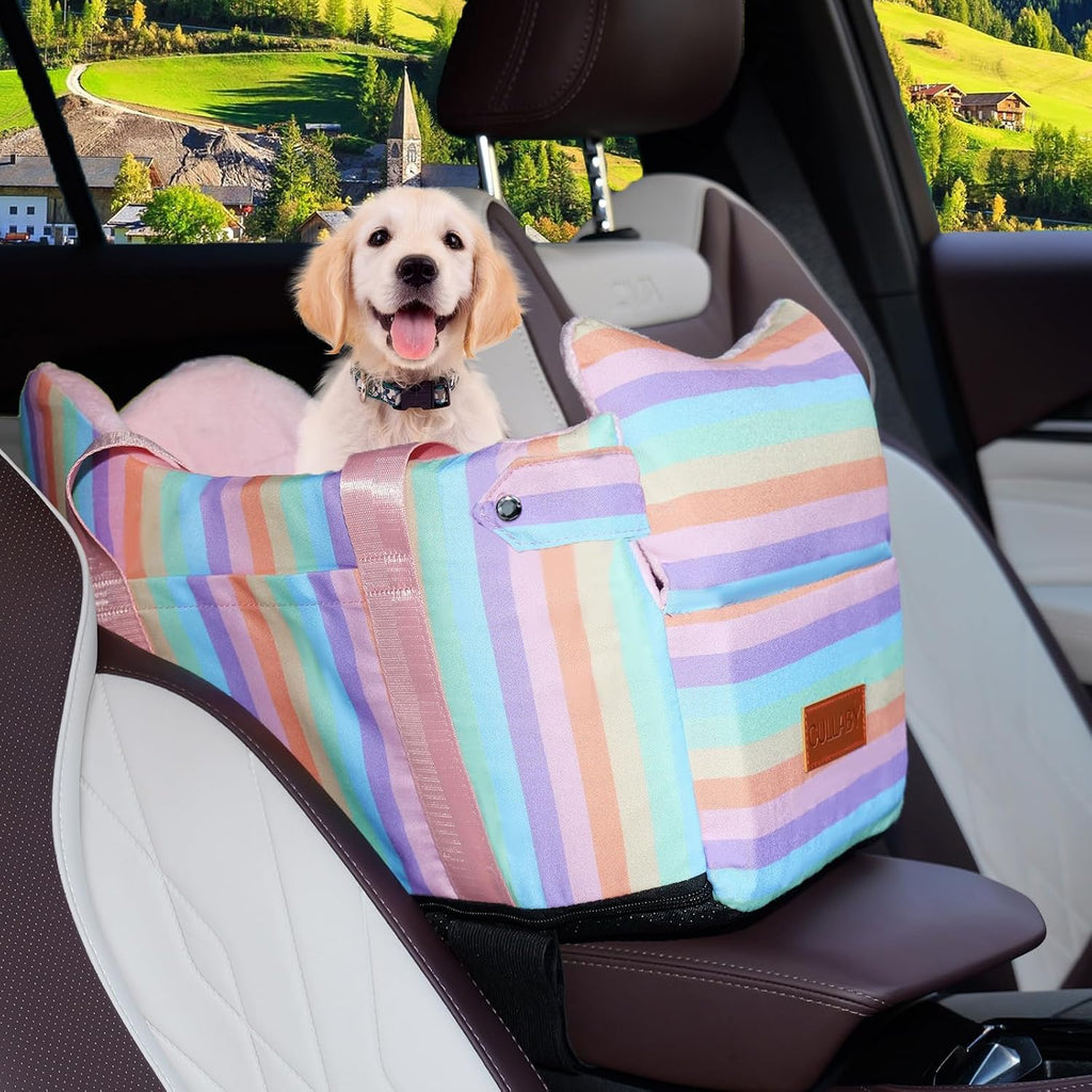 Console Dog Car Seat for Small Dogs to 15lbs (Blue& White Stripes)