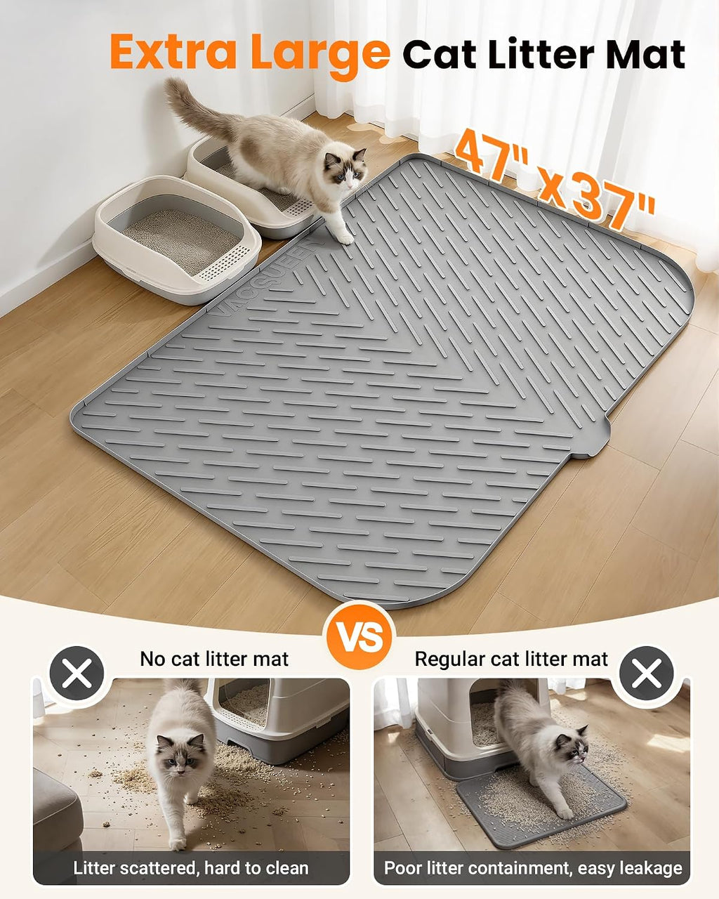 Cat Litter Mat, 47"x37" Extra Large Litter Box Mat, Silicone Mat, Gray