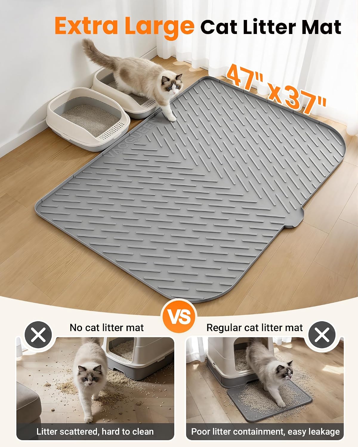 Cat Litter Mat, 47"x37" Extra Large Litter Box Mat, Silicone Mat, Gray