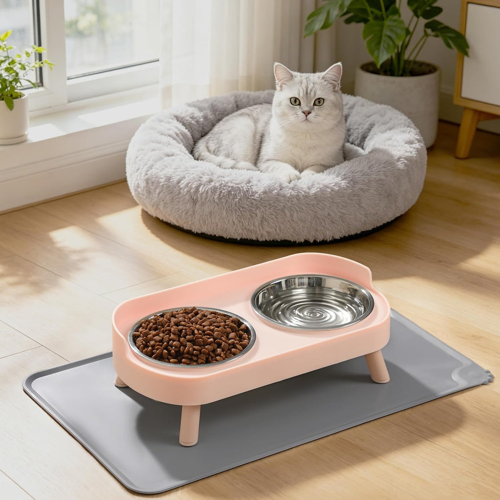 LoeJan Elevated Cat Bowls Set - Raised Cat Food and Water Bowl Set with Non Slip Stand - Pet Feeding Station with 2 Stainless Steel Bowls with Splash Proof Guard