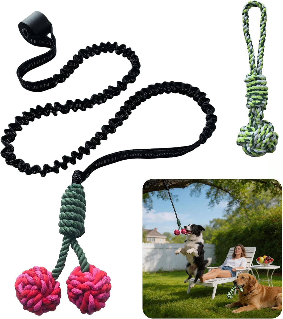 Dual-Cherry Bungee Tug of War Dog Toy Set for Aggressive Pullers