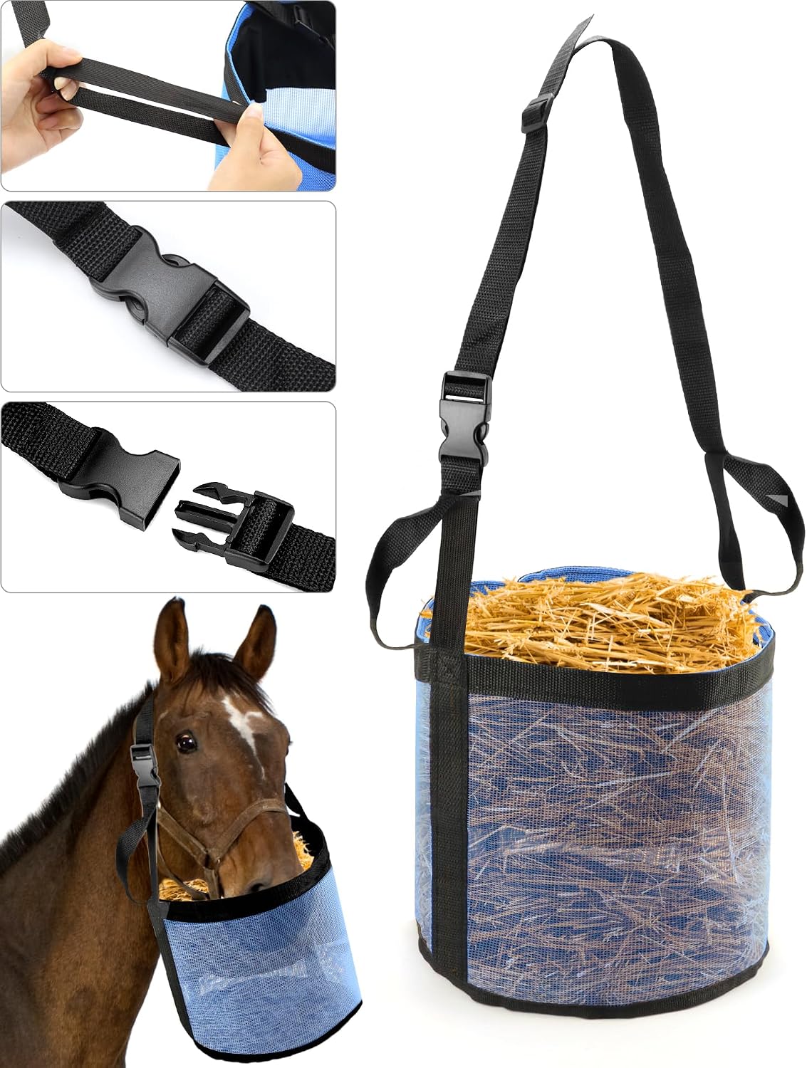 QWORK 2 Pack Horse Feed Bag for Grain - Durable Mesh Grain Feeder with Adjustable Strap, Comfortable Neck and Nose Pad Horse Muzzle Feed Bag, for Feeding Grain, Powder, Supplements, Blue