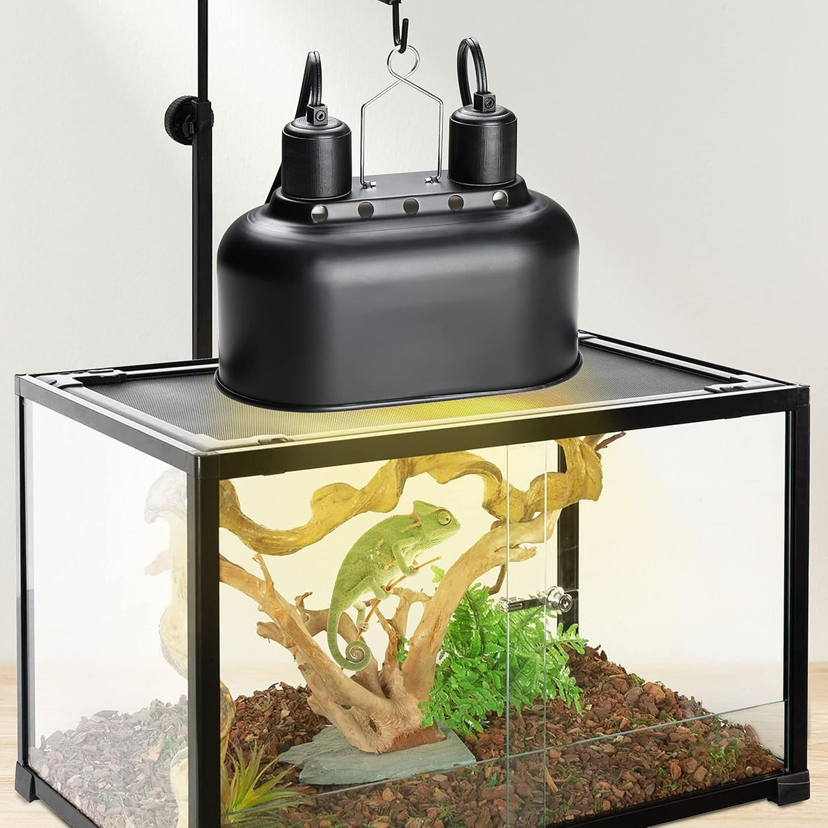 Simple Deluxe Dual Reptile Light Fixture, Aluminum Reflector Dome Lamp Cap, Combo Heat-Lighting Lamp Double Sockets Bulbs Holder with Independent Switches, for Amphibians Terrarium, Turtle Tank