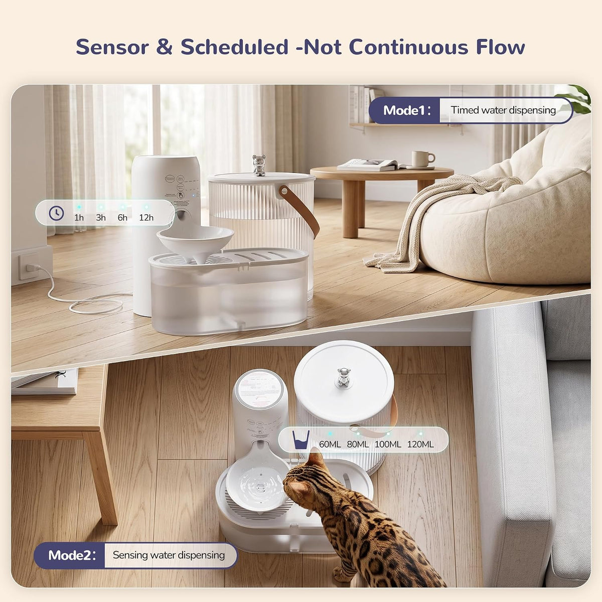 Filterless Cat Water Fountain, Low-Water auto-Refill, Cordless, 3L
