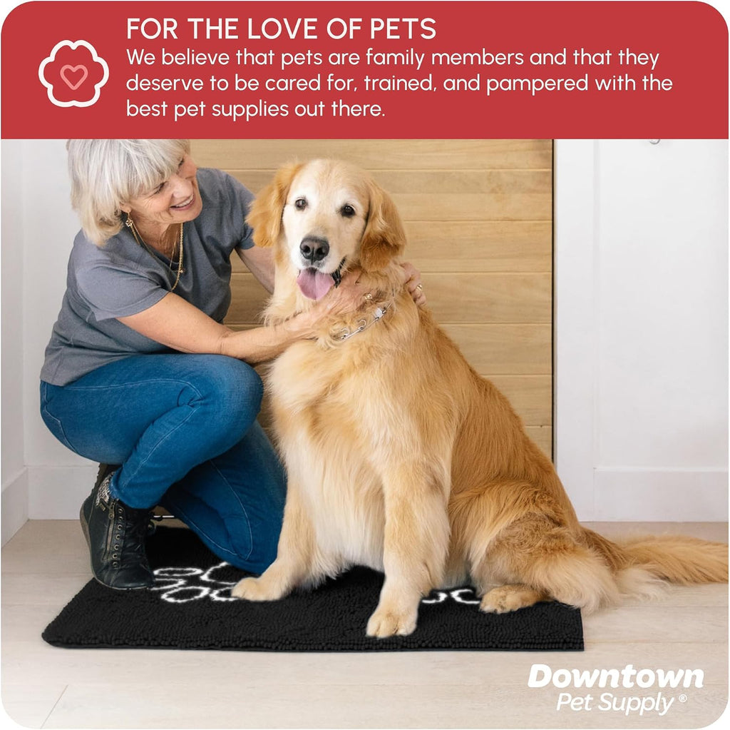 Microfiber Dog Mat for Muddy Paws, 36" x 26" Black with Paw Print - Absorbent and Quick-Drying Dog Paw Cleaning Mat, Washer and Dryer Safe - Non-Slip Rubber Backed Pet Mat, Large