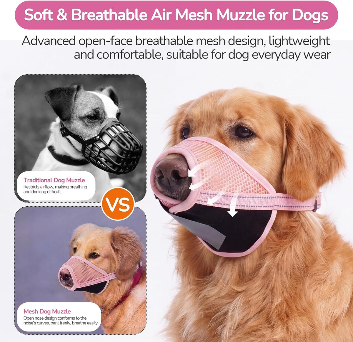 LelePet 2 Pack Soft Air Mesh Muzzles for Large Sized Dogs, Pink, L