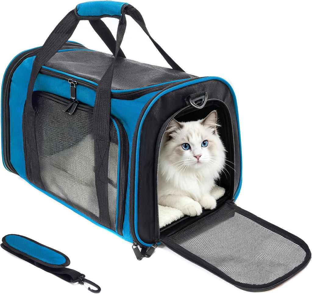 Soft Sided cat Carrier Bag Breathable Mesh Cat Dog Travel Carrier with Hand & Adjustable Crossbody Shoulder Strap (Blue, 17.0''L × 12.6‘’W × 11.9‘’H)