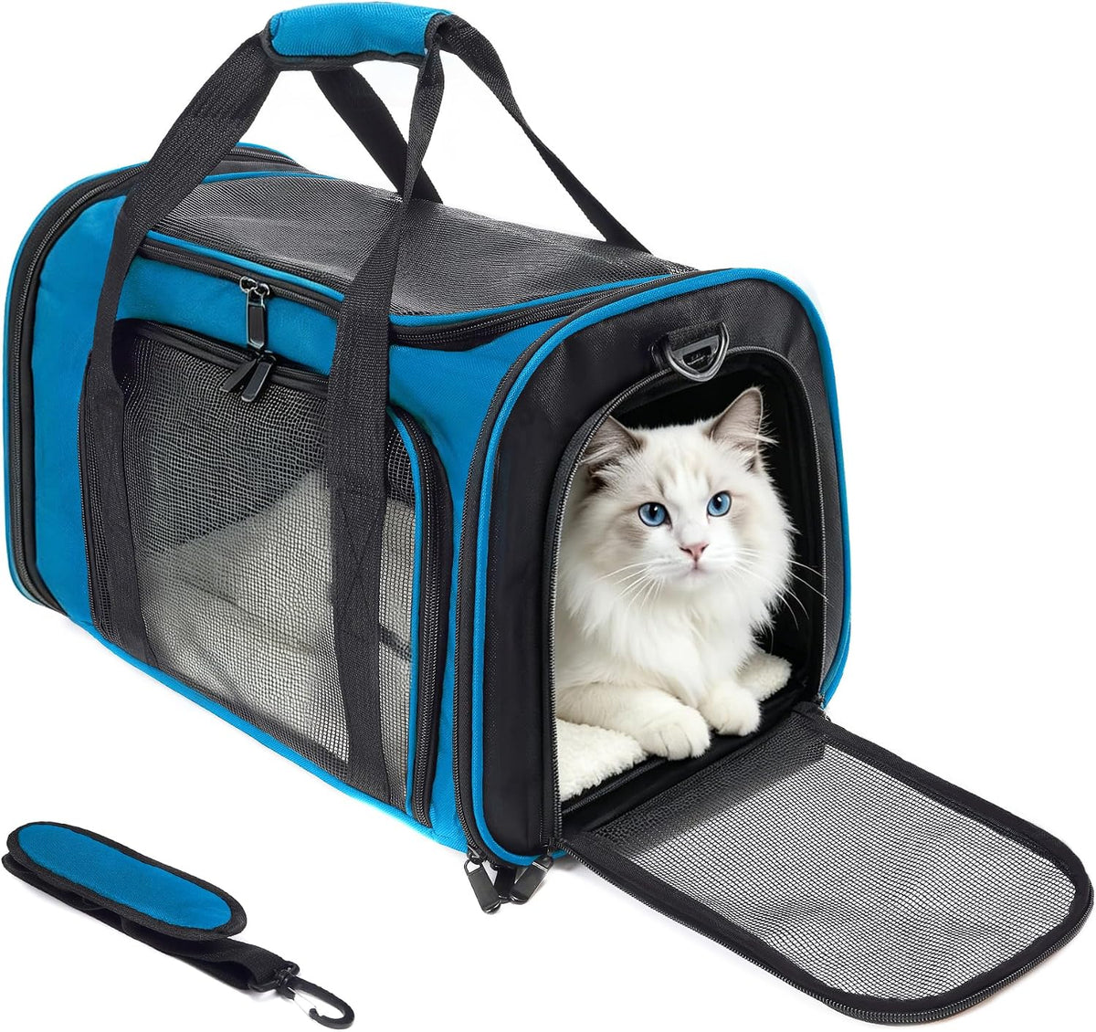 Soft Sided cat Carrier Bag Breathable Mesh Cat Dog Travel Carrier with Hand & Adjustable Crossbody Shoulder Strap (Blue, 17.0''L × 12.6‘’W × 11.9‘’H)