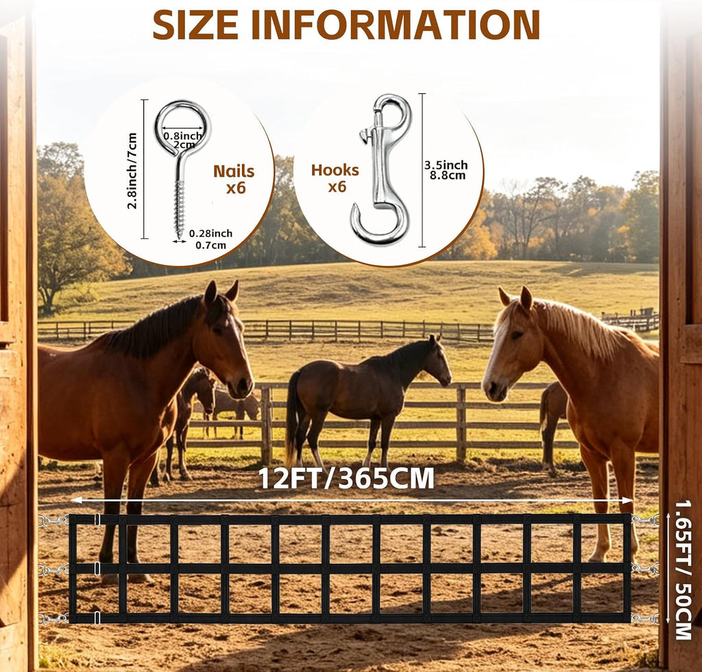 Horse Stall Guards with Adjustable Straps, High Tenacity Nylon Barn Door Guards with Screw Eyes and Open-End Snaps for Barn Ventilation & Safety, 20''H x 12'L, Black