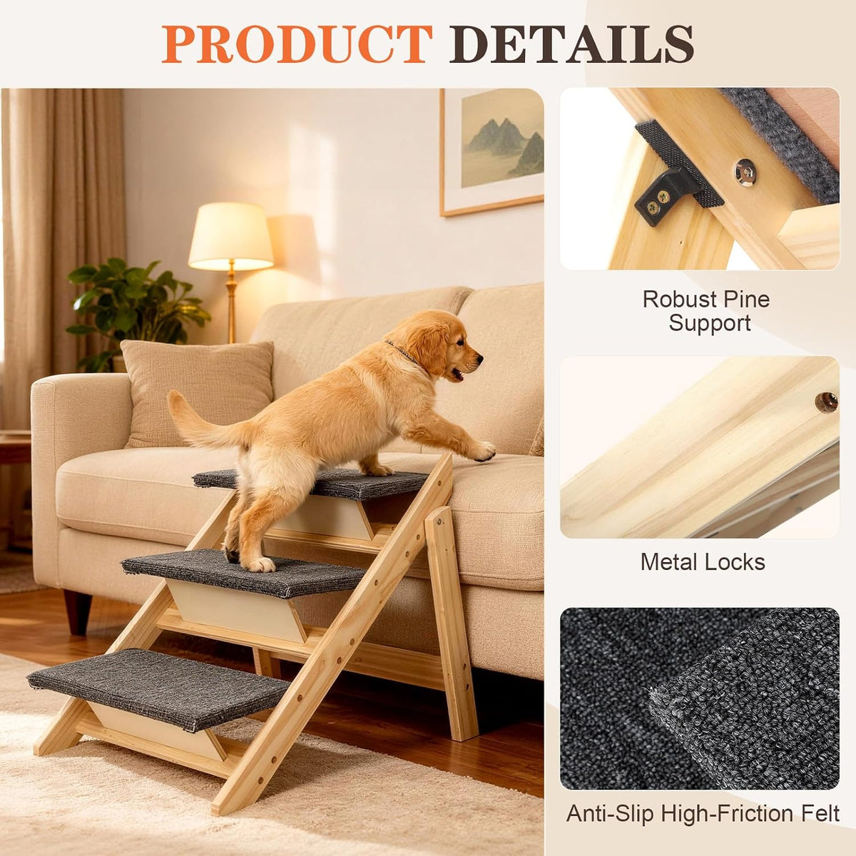 Dog Ramp,2-in-1 Foldable Pet Stairs for High Beds, 3 Steps Dog Steps