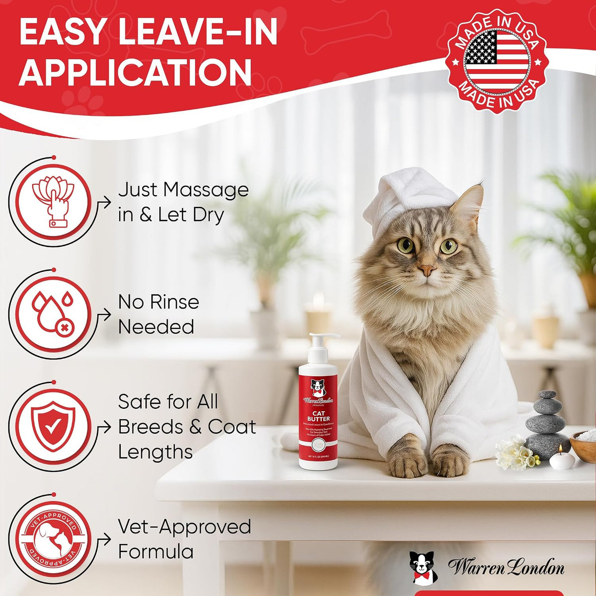 Warren London Cat Hydrating Butter | Unscented Leave-in Conditioner Lotion for Soft, Shiny Fur | Deep Moisture & Detangling for All Breeds