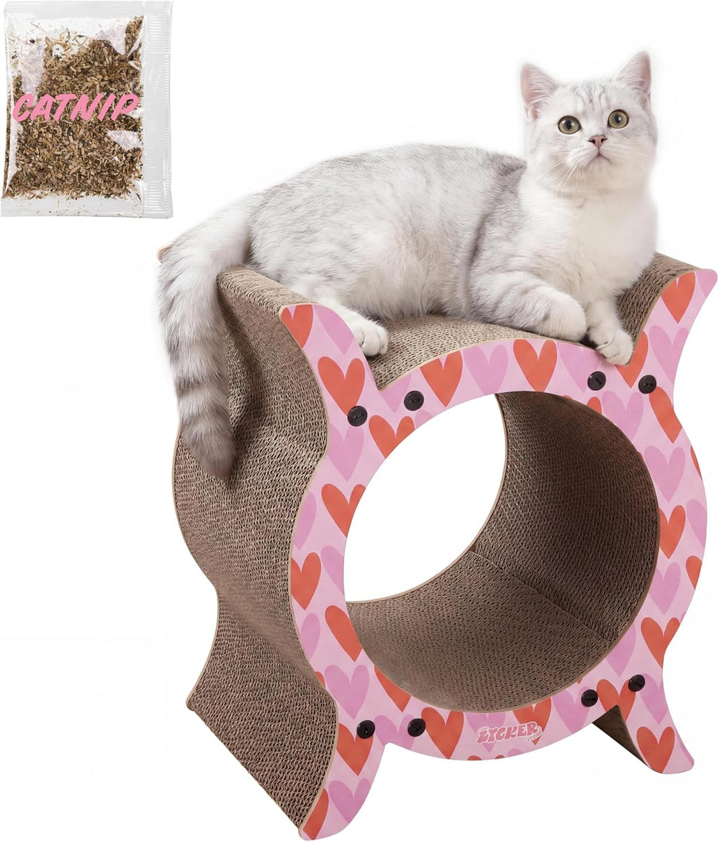 16.5" Nyan Modern Heart Pattern Cardboard Tunnel Cat Scratcher with Catnip, Durable Corrugated Indoor Hideaway Den and House to Protect Furniture, Sanctuary, Pink/Red CSR1007C