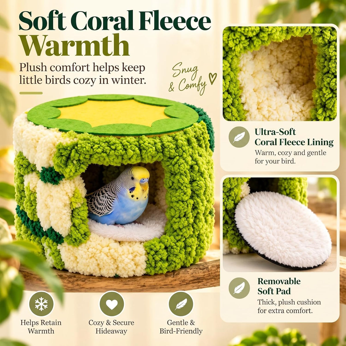 Soft Winter Plush Bird Nest for Cage with Support Frame and 2 Washable Pads
