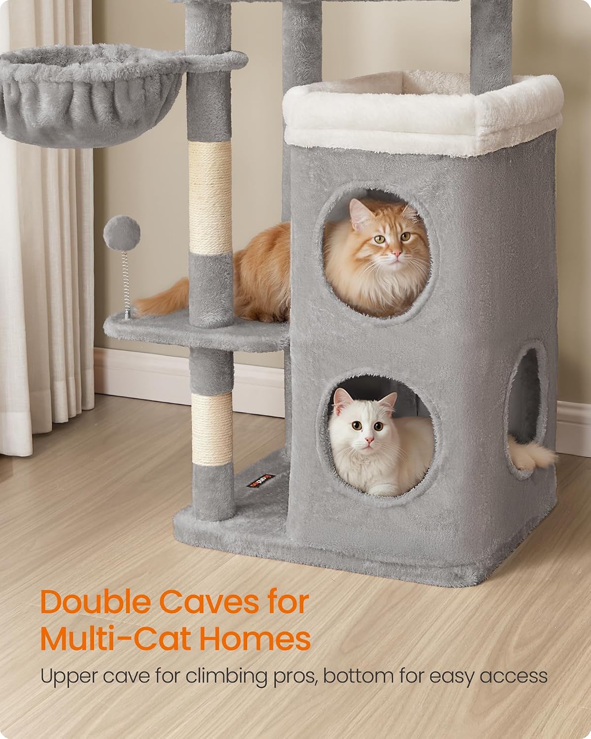 Feandrea Cat Tree Indoor, 60" Multiple-Level Plush Cat Tower, Dove Gray