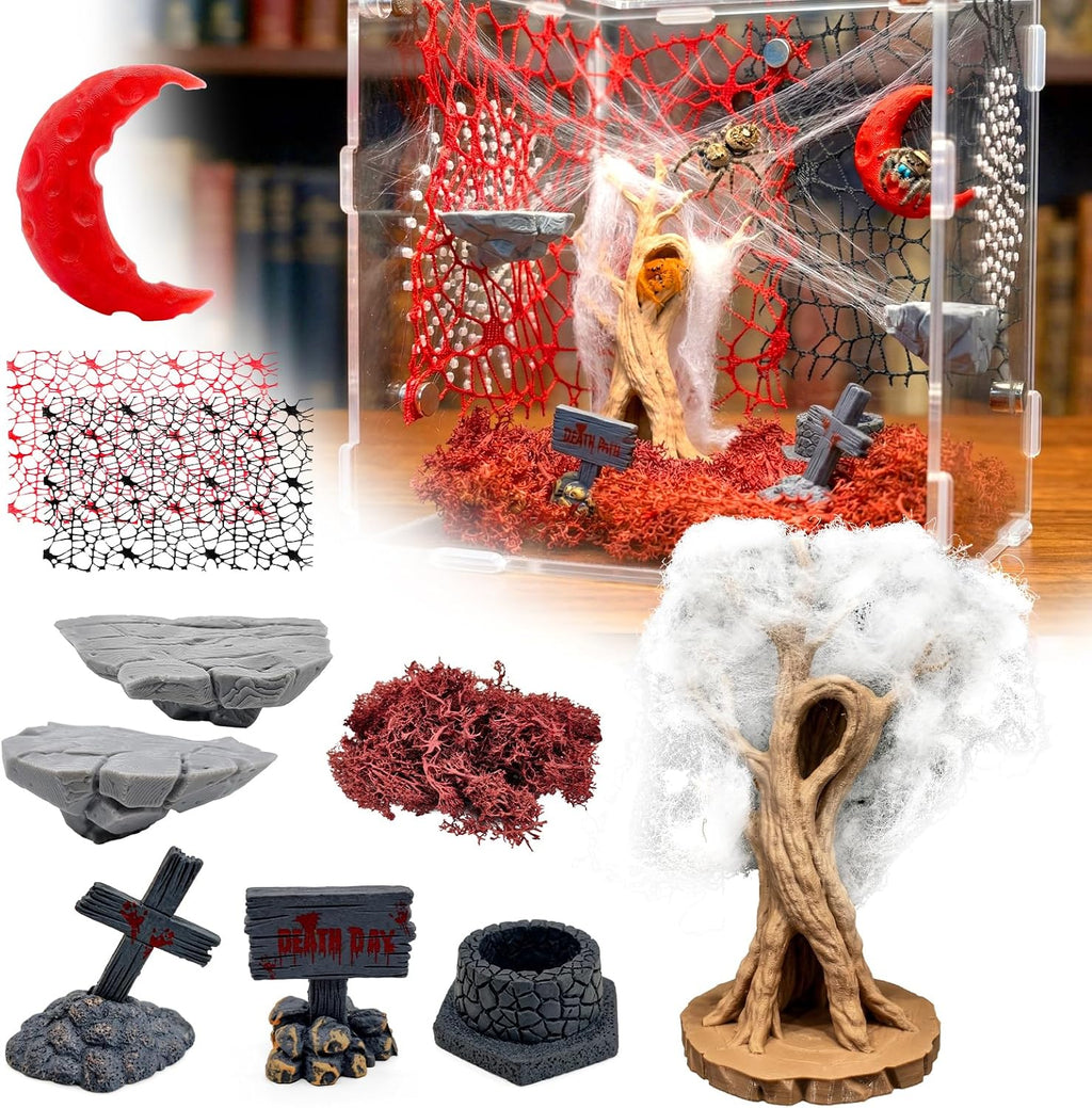 16 Pcs Jumping Spider Habitat Decor Kit - Gothic Tree Trunk Hide with 2 Magnetic Rock Ledges & Red Moon Platform - Spooky Dark Aesthetic Enclosure Accessories, Climbing Net & Moss Set