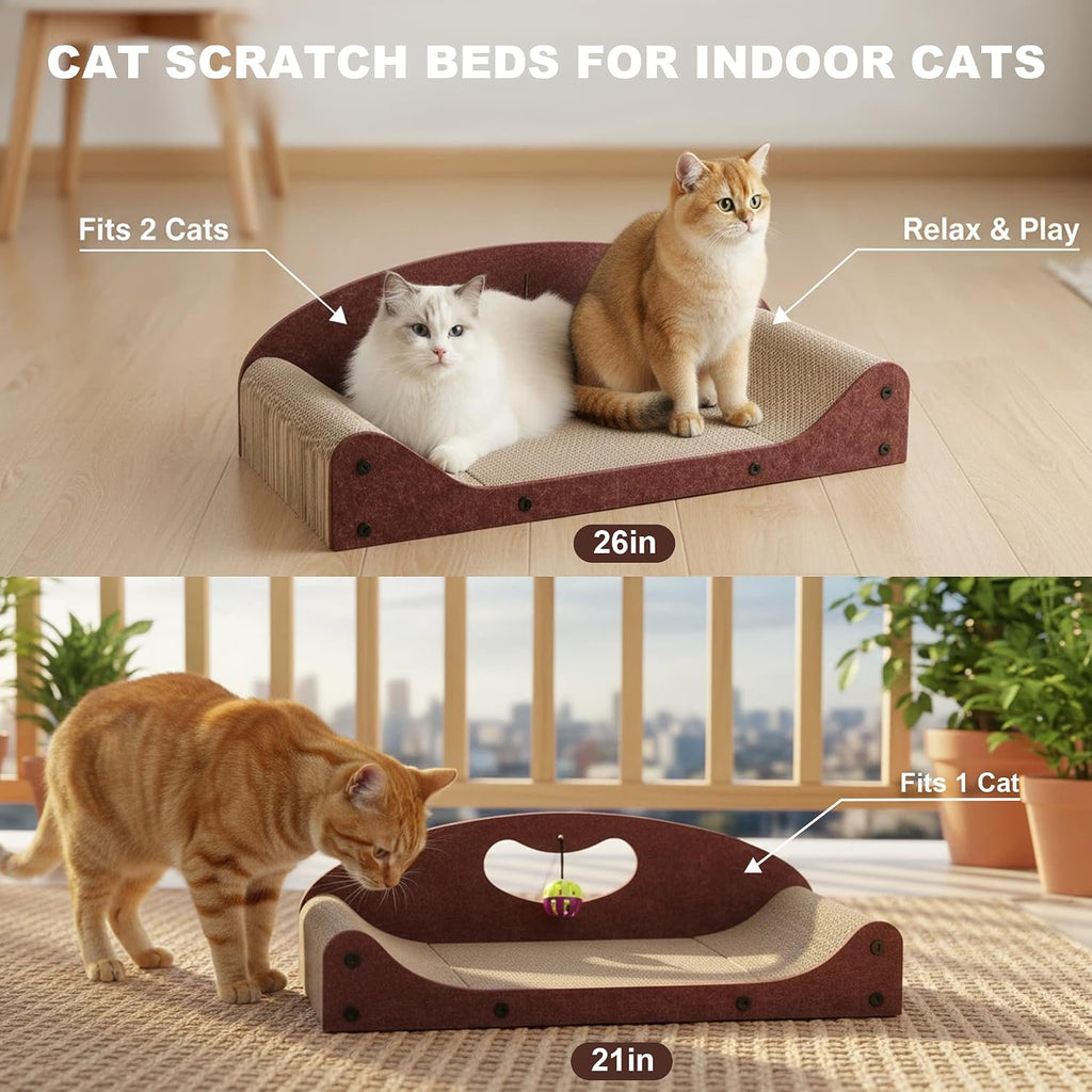26" Cat Scratcher Bed, Large Scratcher Couch for Indoor Cats, Cardboard Scratcher Sofa, Durable Scratch Pad with Ball, Furniture Protector (Brown, Large)