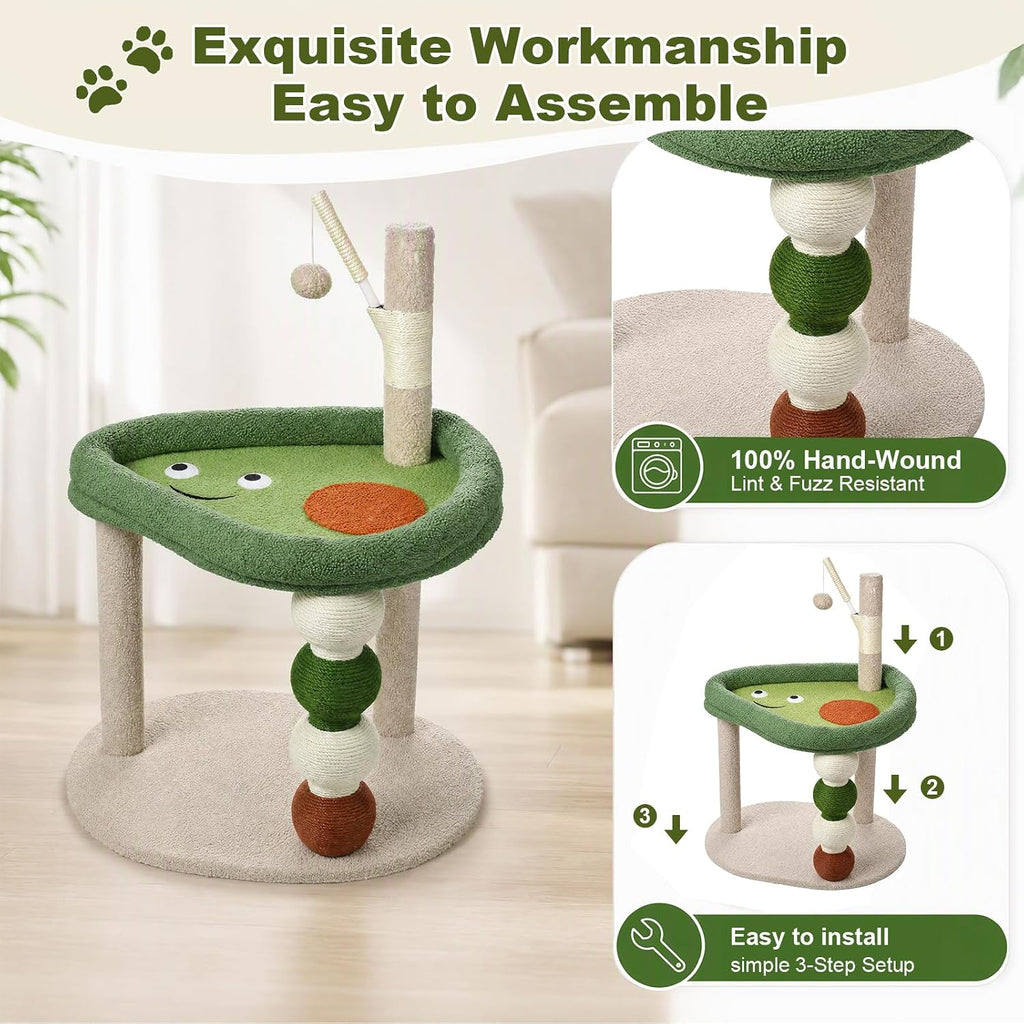 Small Cat Tree, 28" Cat Tower for Window Viewing, Beige and Green
