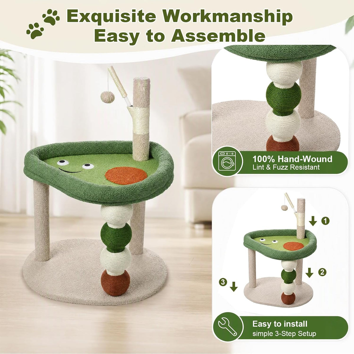 Small Cat Tree, 28" Cat Tower for Window Viewing, Beige and Green