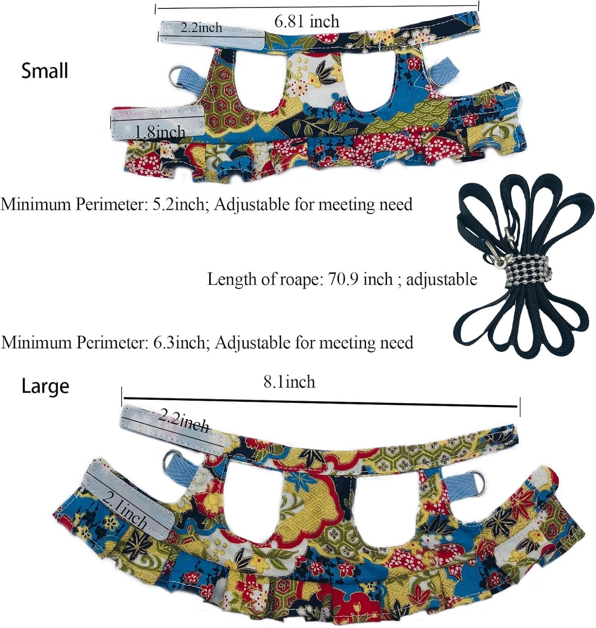 Squirrel Harness and Leash Set, Adjustable Flora Blue Printing, for Ferret, Squirrel, Dwarf Chinchilla, Guinea Pig, Fancy Rat