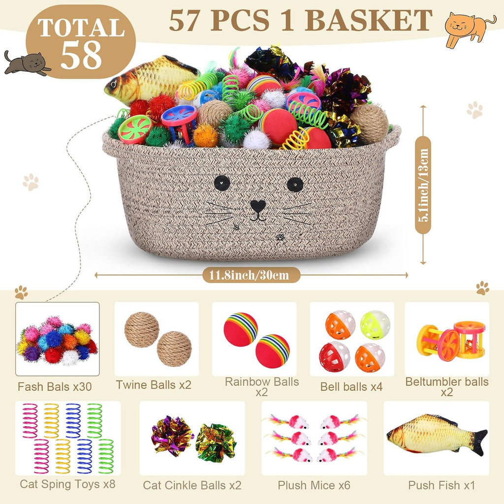 Zopeal 58 Pcs Cat Toy Set with Storage Basket Indoor, Dark Brown, 12 Inch