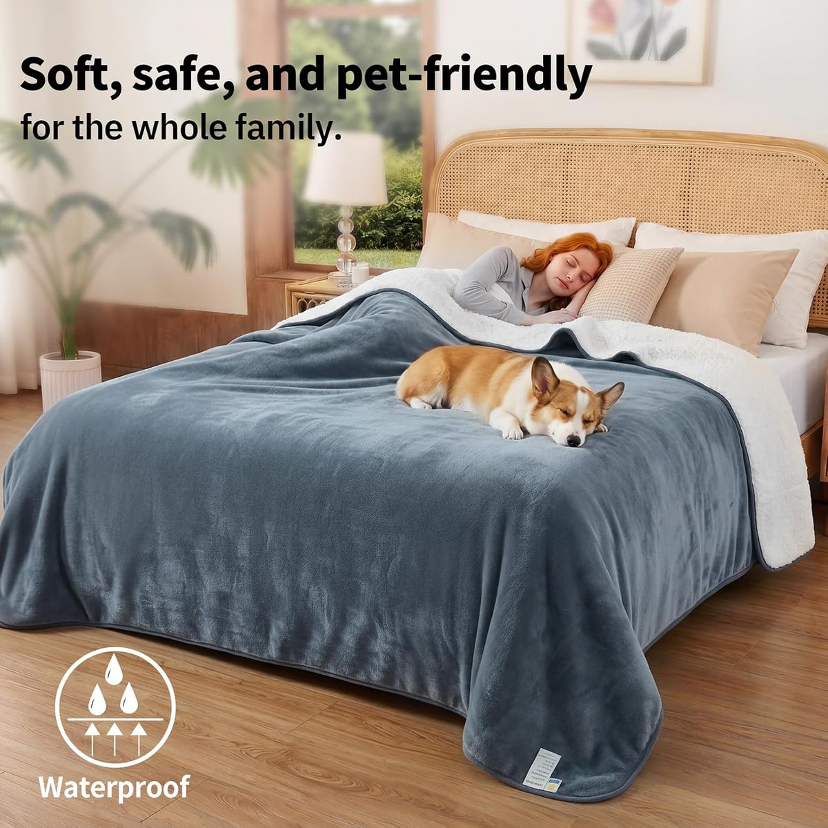 Sunheir Waterproof Blanket for Bed Queen Size, Reversible Soft Sherpa Fleece Dog Pet Blankets, Leakproof Spill-Proof Love Blanket for Furniture & Sofa Protector, Camping, Travel, 90"x86", Grey