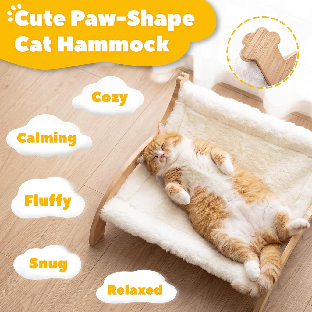 Elevated Cat Bed for Indoor Cats, Cute Paw-Shape Cat Hammock Couch with Cozy Washable Cushion, Solid Wood Pet Furniture for Kitty, Puppy & Bunny (Soft Cream)