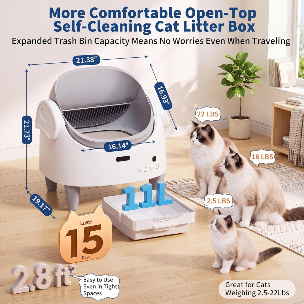Automatic Cat Litter Box, Self-Cleaning Cat Litter Box with Open-Top Design, 15-Layer Safety Protection & Smart App Control, Adjustable Entry Height, Large Capacity Sealed Waste Bin for Multi-Cats