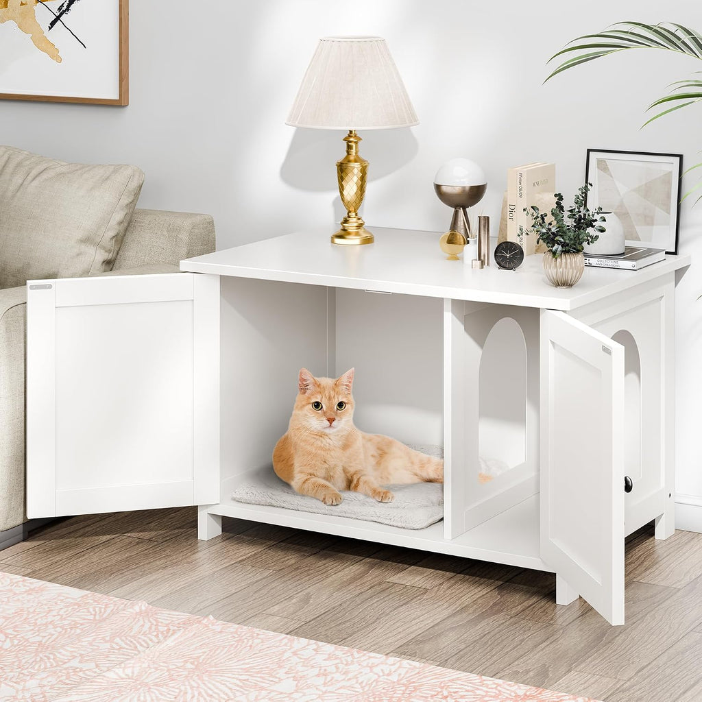 Shintenchi 31.5 inch Cat Litter Box Enclosure, Litter Box Furniture Cabinet Hidden with Removable Divider, Wooden Cat House with End Table, White