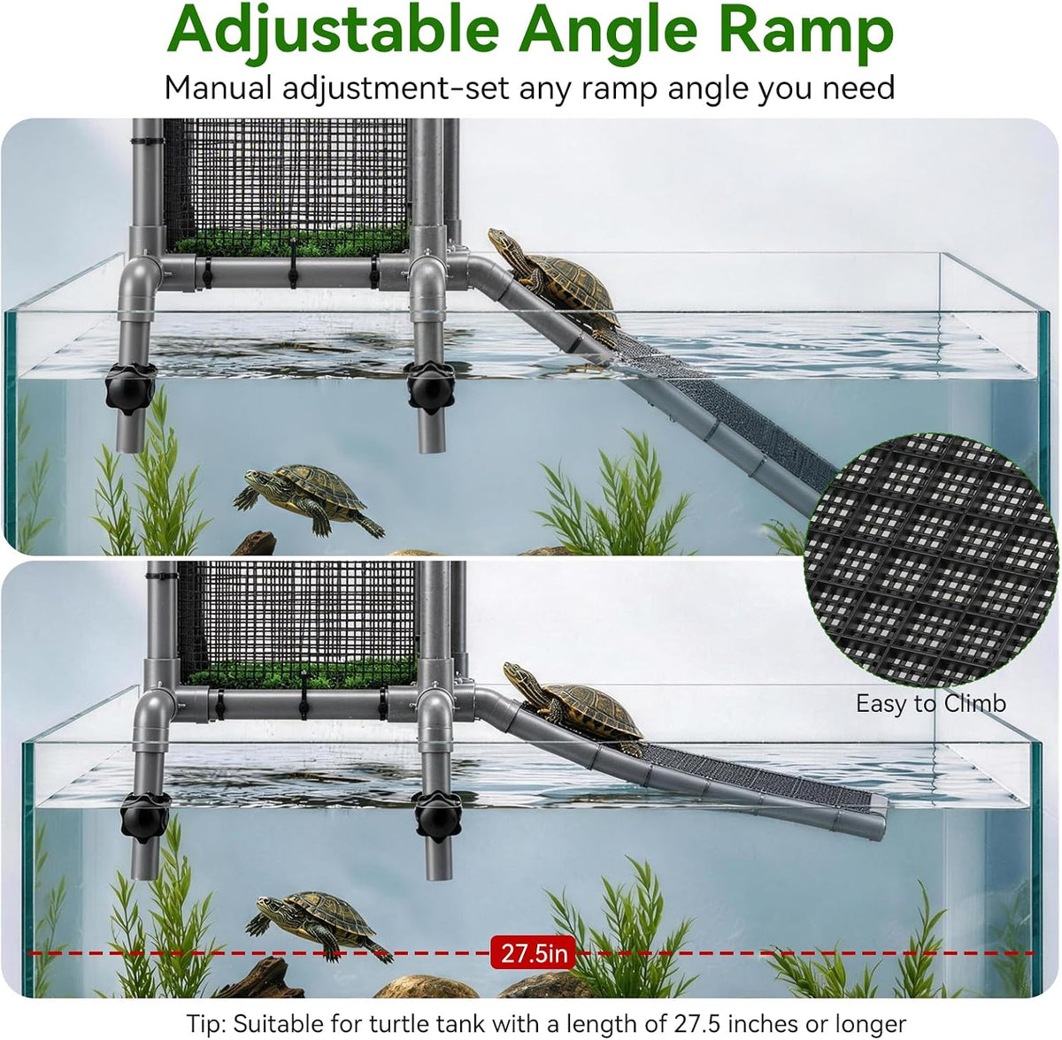 Large Turtle Topper Basking Platform Above Tank - PVC Turtle Dock with Ramp for Glass Turtle Tank Turnover Box Tank Adjustable 13.2 to 16.1 Inches Resting Area