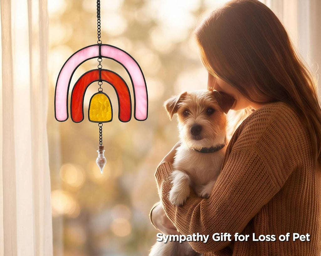 Rainbow Bridge Pet Memorial Gift for Loss of Dog, Stained Glass Jar & Bottle for Fur, Hair, Whiskers or Ashes Keepsake Urn, Sympathy Gift for Pet Bereavement & Remembrance - Pink