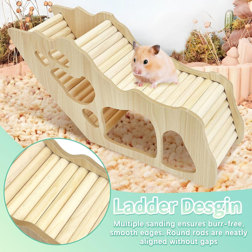 PINVNBY Hamster Climbing Ladder and Tunnel Hideout Wooden Hamster Climbing Toy Cage Decor Accessories for Gerbil Mice or Other Small Animals (Maze Tunnel)