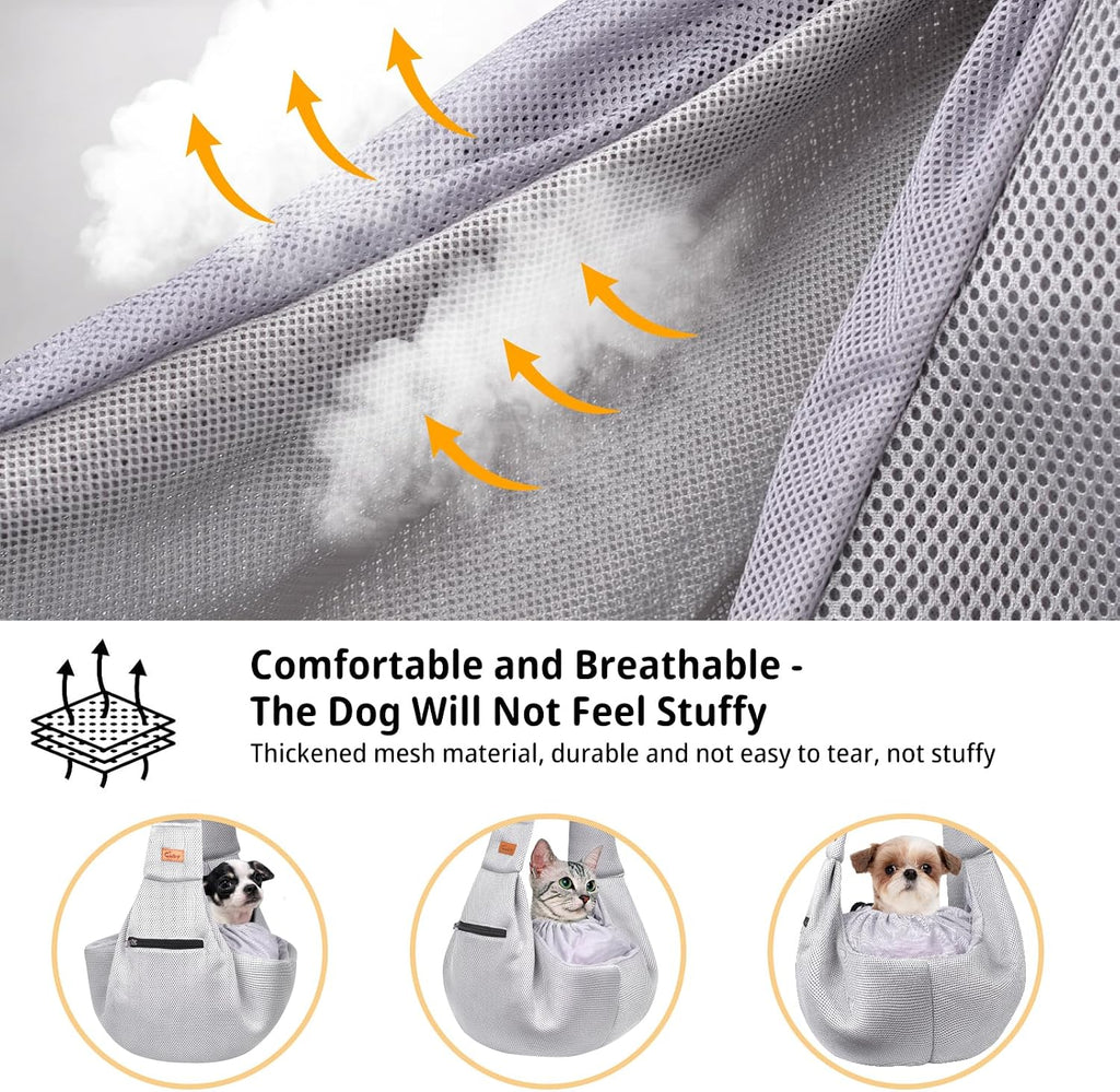 CUBY Dog and Cat Sling Carrier - Hands Free Breathable Mesh Small Dog Sling Carrier-Soft Pouch and Tote Design-Suitable for Puppy, Small Dog Cat Pets Carriers Sling Outdoor(Grey-Mesh,Adjust Strap 2.0)