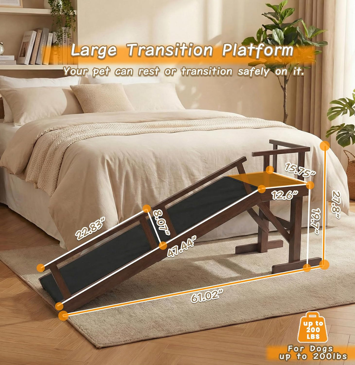 61" Dog Ramp for Bed with Rest Platform & Glow Strips, 20° Gentle Slope, EVA Non-Slip Surface, Removable Safety Rails, Birchwood Solid Wood, for Small, Large & Senior Dogs, Joint Protection, Brown