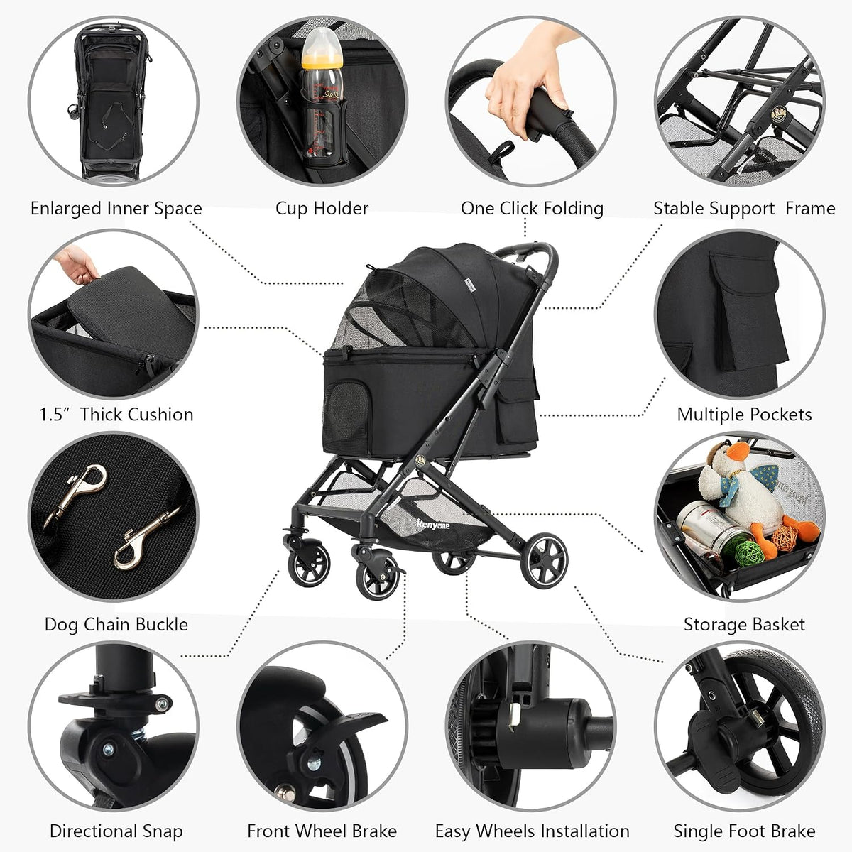 Medium Dog Stroller, Kenyone Pet Stroller for Medium Dogs Up to 55lbs, Lightweight Aluminum Frame, One Click Folding, Large Cat Stroller with No Zip Entry, Detachable Mesh, Multiple Pockets