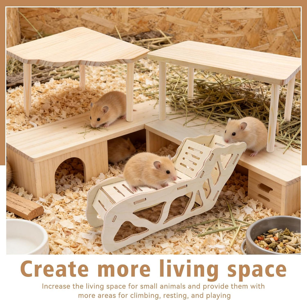 3 Sets Wooden Hamster Platform for Cage Accessories Natural Wood Climbing Toy Hideout, Expandable Habitat Decor for Dwarf Syrian Hamsters, Gerbils, Mice, Degus Sturdy Chew-Safe