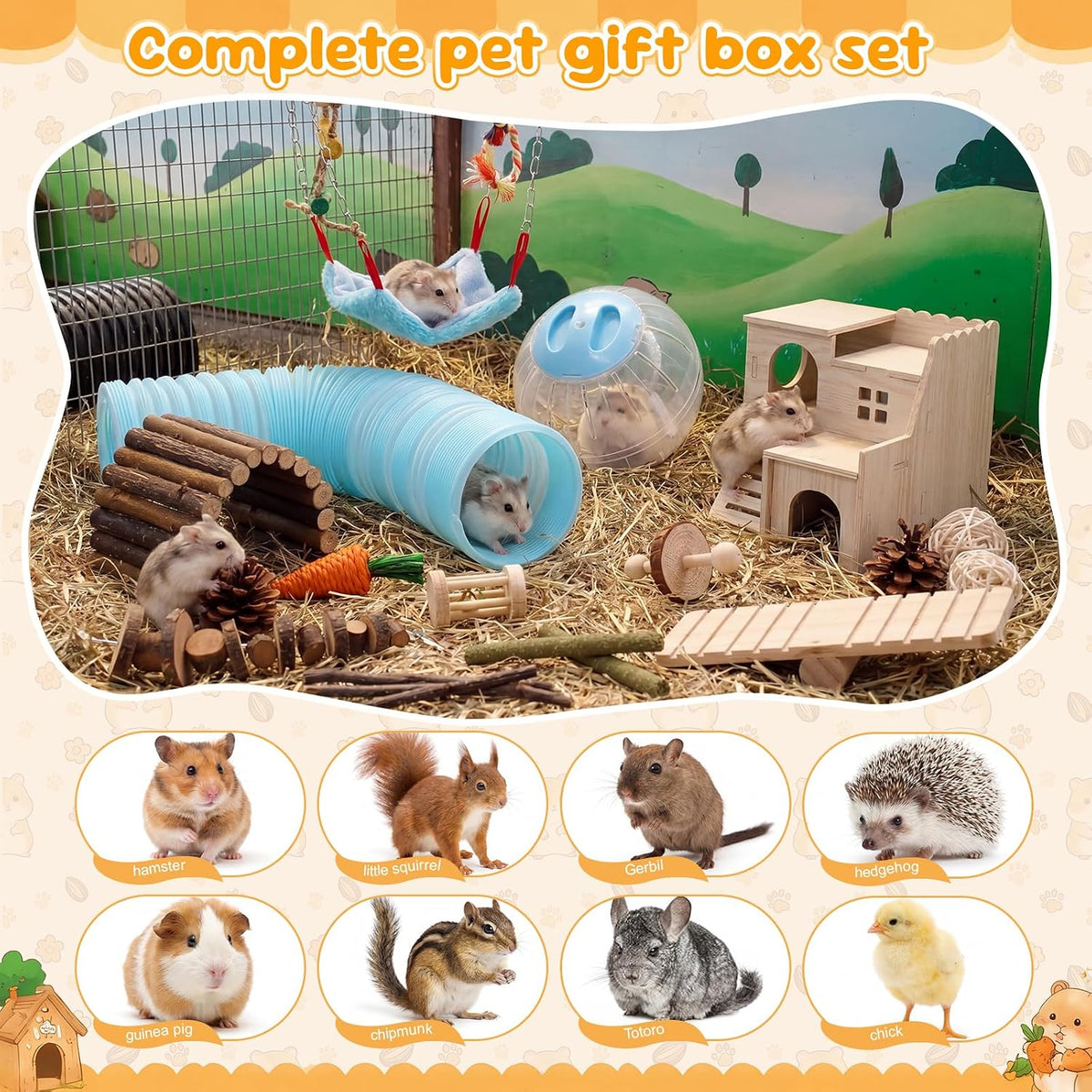 Foilswirl 17 Pcs Hamster Cage Accessory Set, Hamster Toys with Wooden House, Tunnel, Bridge, Natural Chew Toys, Playground Kit for Hamsters, Gerbils, Small Animals