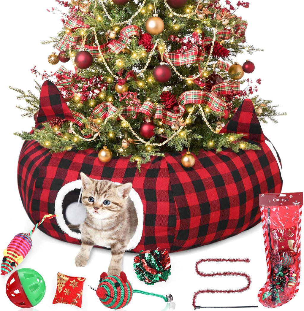 Dansydaisy Cat Tunnel Christmas Tree Skirt, Plaid Buffalo Cat Tunnel Bed with Toys, Hanging Pom Ball Plush Washable Cushion and Dangling Balls 3FT Peekaboo Playground for Small Rabbit Xmas Decor