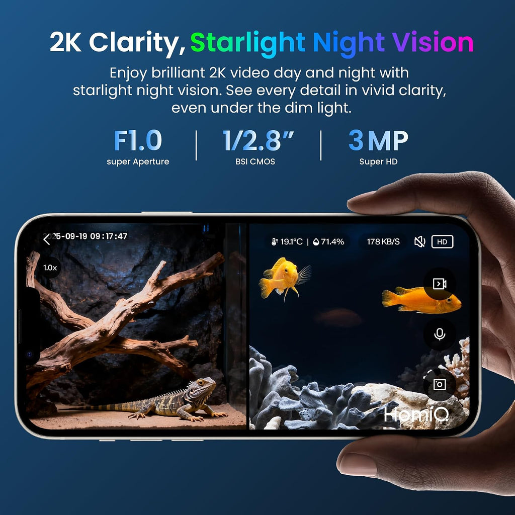 3MP 2K Aquarium & Terrarium Pet Camera.Install &Close-Focus Lens for Fish,Lizard, Reptile Pet and Window Bird Feeder,2.4GHz & 5GHz WiFi,Auto-Focus,24/7 Recording