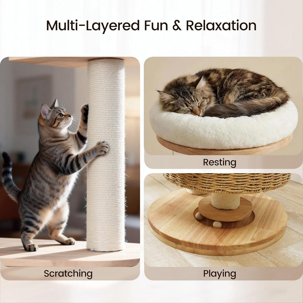 Zonoria 30-Inch Solid Wood Cat Tree Tower for Small to Medium Cats