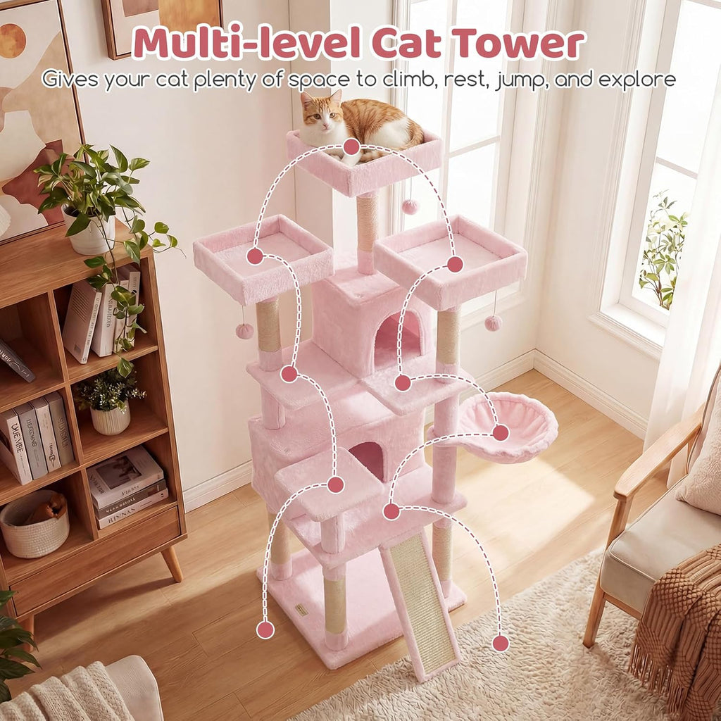 DORTALA Multi-Level Cat Tree, 65" Tall Cat Tower with 3 Plush Perch, 2 Condos, Basket Bed, Sisal Scratching Posts & Board, Hanging Pompoms, Indoor Pet Climbing Furniture (Pink)
