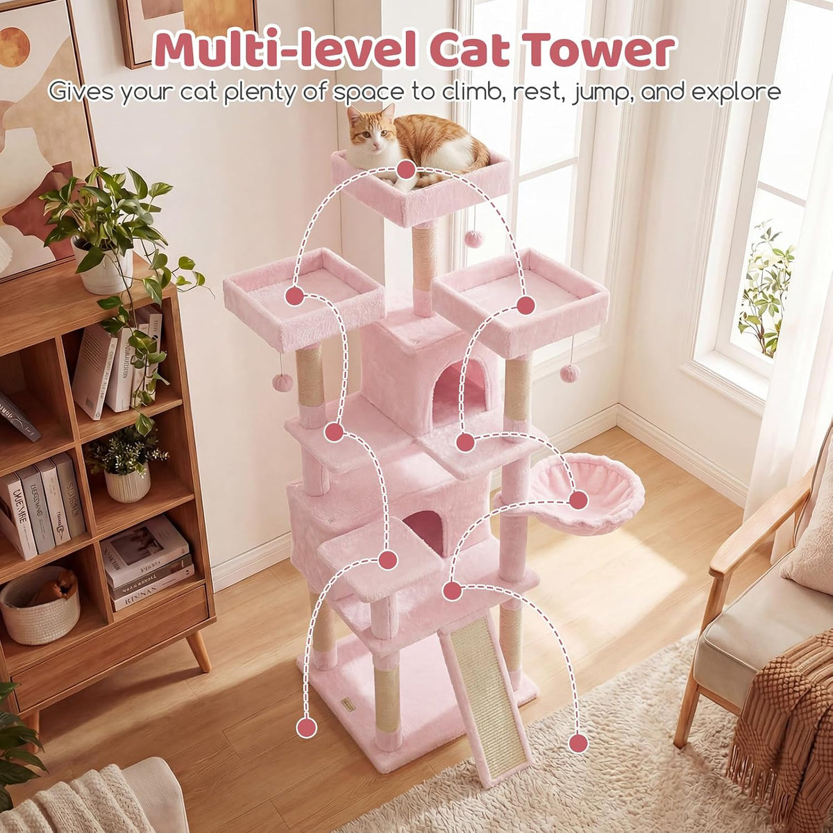 DORTALA Multi-Level Cat Tree, 65" Tall Cat Tower with 3 Plush Perch, 2 Condos, Basket Bed, Sisal Scratching Posts & Board, Hanging Pompoms, Indoor Pet Climbing Furniture (Pink)